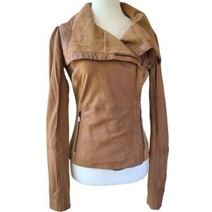 Bod & Christensen NEW Rebecca Leather Moto Jacket Tan Drape Collar Women Size XS